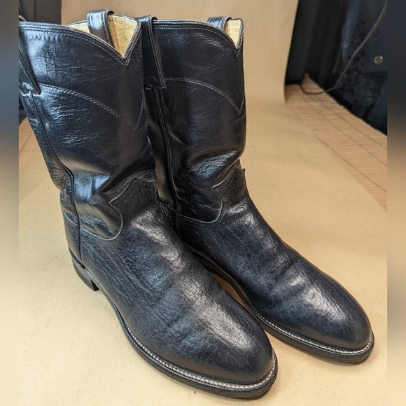 Justin Boots Men's Black Bull Hide Leather lower with soft calf upper Cowboy Boo - Picture 1 of 11